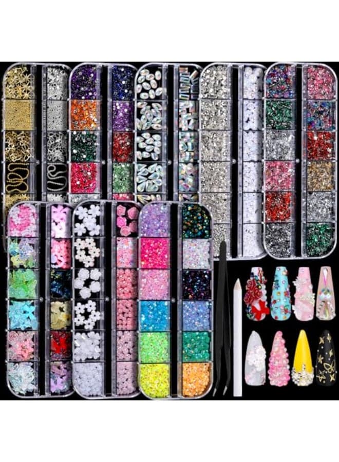 FANDAMEI Nail Charms Nail Rhinestones Kit with 8 Boxes of Nail Gems 3D Charms for Nails Colorful Clear Flatback Rhinestones Charms Y2K for Nails Multi Shape Pearls Jewels for Crafts