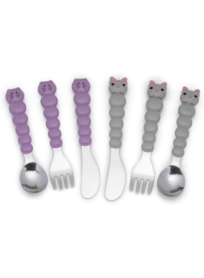 Kids Utensil Set for Kids - 6 Piece Cat & Bulldog Design, BPA Free Stainless Steel Spoons, Forks, and Knives, Dishwasher Safe - Purple & Grey