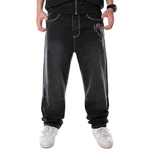 Ruiatoo Baggy Jeans for Men Classic Loose Fit Vintage Hip Hop Skateboard Pants with Embroidery Black Size 32