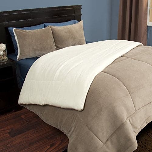 Full/Queen Comforter Set – 3-Piece Sherpa and Fleece Bedspread with Pillow Shams – Warm, Cozy, Machine-Washable Bedding by Lavish Home (Taupe)