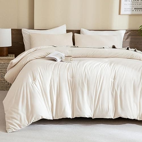 Paxrac Beige Comforter Set Full Size, Cream3 Pieces Comforter Set, Lightweight Solid Neutral Bedding Set, All Seasons Soft Breathable Boho Full Comforter Set (80x90In Comforter & 2 Pillowcases)