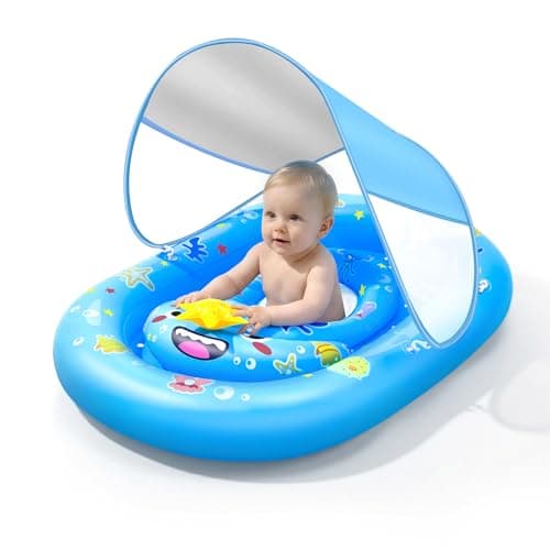 Baby Pool Float with Canopy UPF50 Sun Protection WJWJA Inflatable Kids Pool Floats with Adjustable Safety Seat Infant Swimming Float for Baby 636 Months Boys and Girls