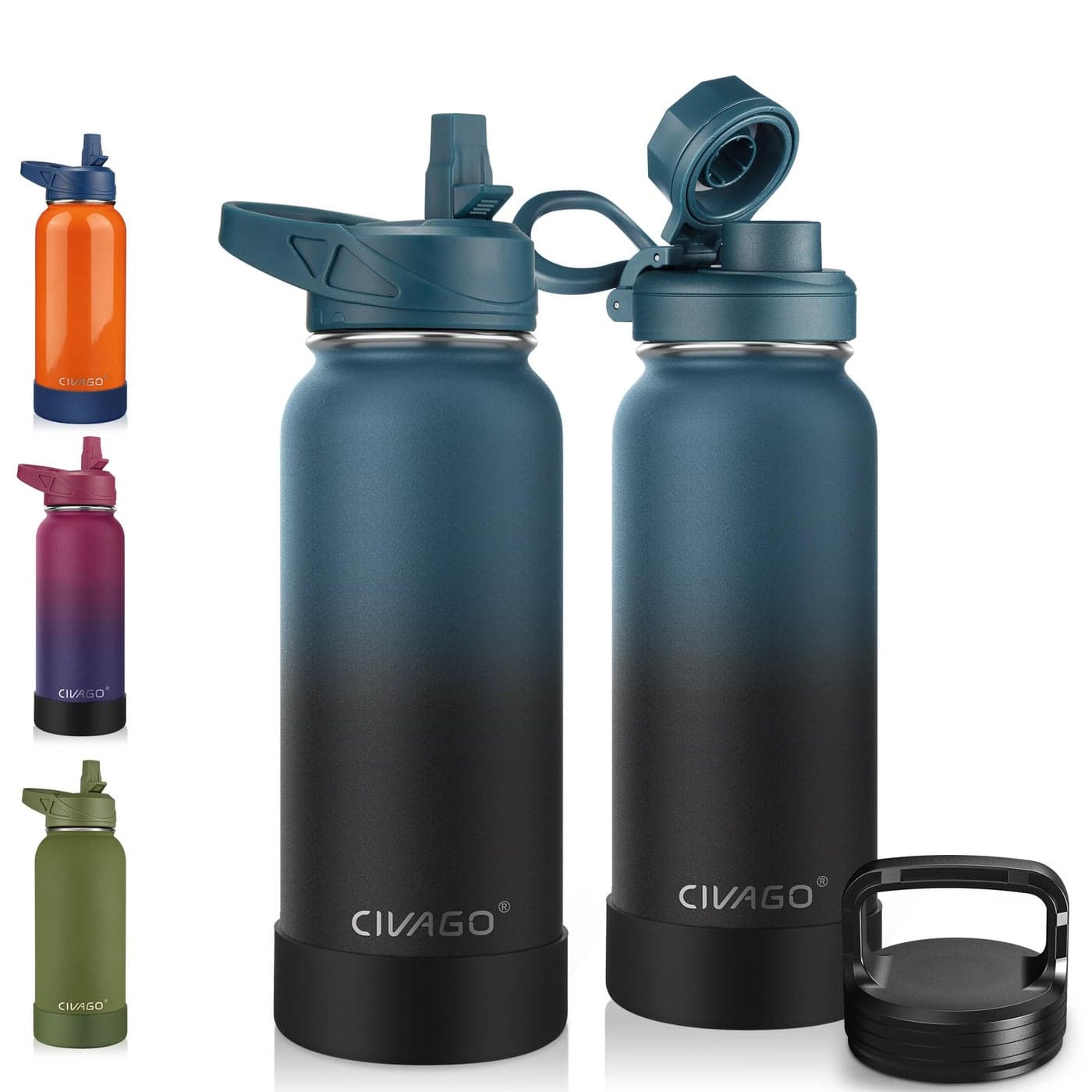 CIVAGO 32 oz Insulated Water Bottle With Straw Stainless Steel Sports Water Cup Flask with 3 Lids Straw Spout and Handle Lid Wide Mouth Travel Thermal Mug Indigo Black