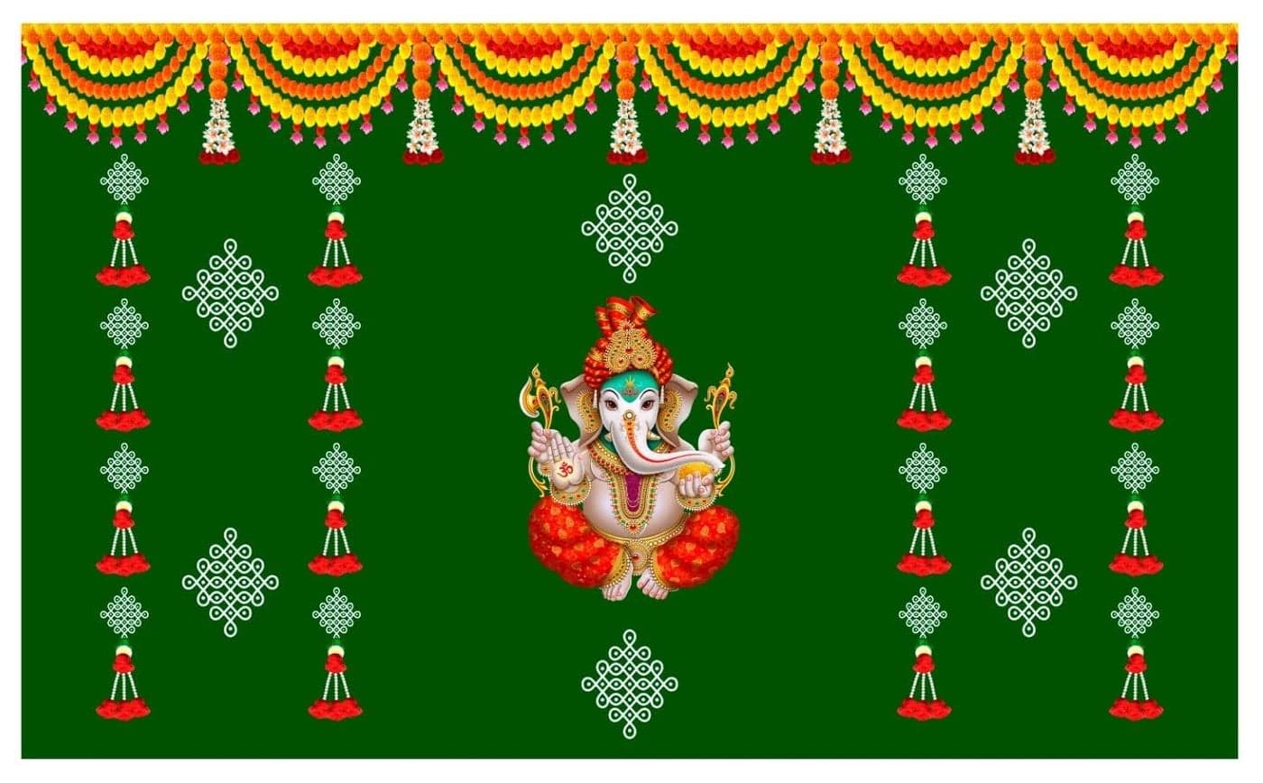 bague Green Banana Leaf Backdrop Cloth for Pooja Decoration Traditional, Background Decoration Cloth for Pooja Background, Curtain Cloth for Festival Fabric 8x5 Feet (Green Ganesh)