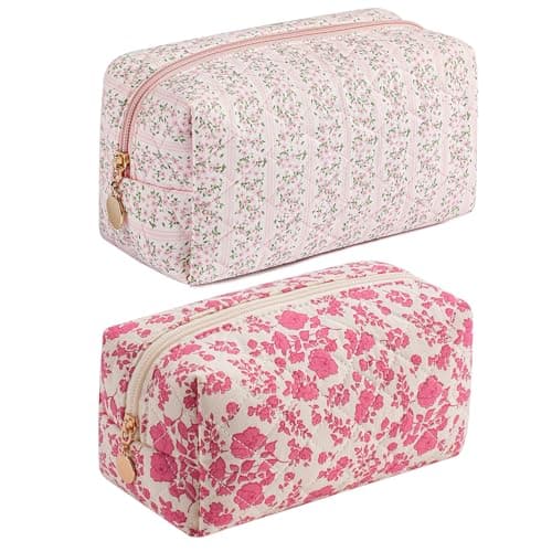 JOVAKIT Square Makeup Bag Cute Cosmetic Bag for Women Floral Coquette Aesthetic Toiletry Bag Zipper Make Up Pouch Travel Make Up Organizer Bag PinkBright Red Floral