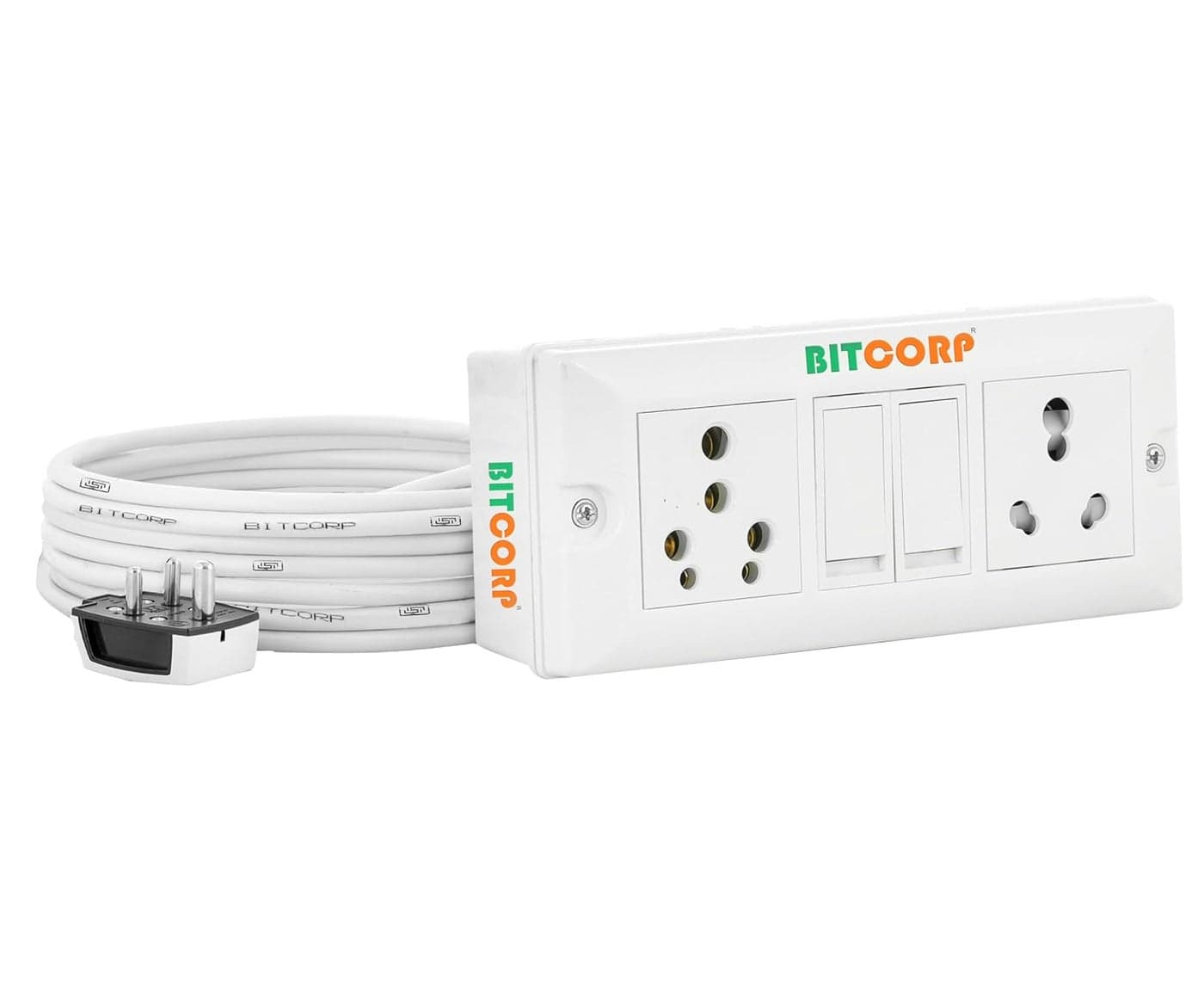 Bitcorp Extension Board Heavy Duty Box 16A with Thermal Protection 2 Socket 2 Switch 2500 Load Capacity Surge Protection with 2 Meter Long Cable Cord Wall Mount White