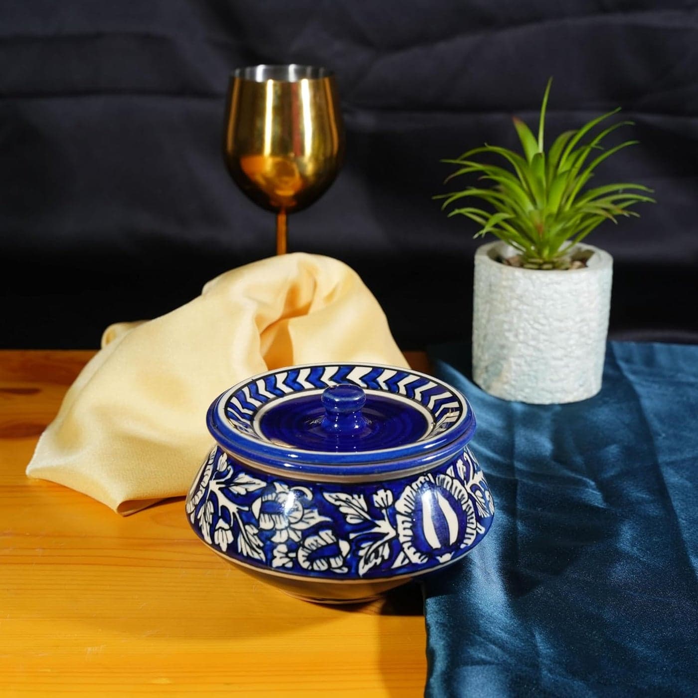 Caffeine Ceramic Handmade Blue Mughal Serving Handi with Lid Set of 1