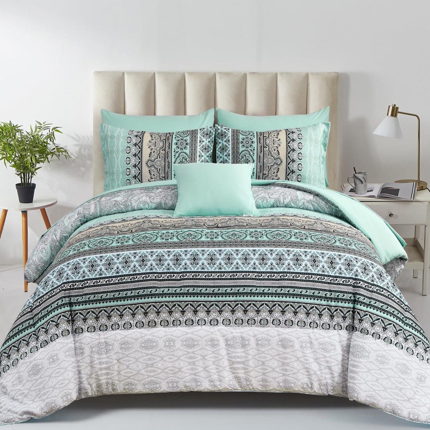 Cottolester Boho Comforter Set Queen Size8 Piece Bed in a Bag Sage Green Paisley Comforter and Sheet SetStriped Bedding Set Soft Microfiber Complete Bedding Set