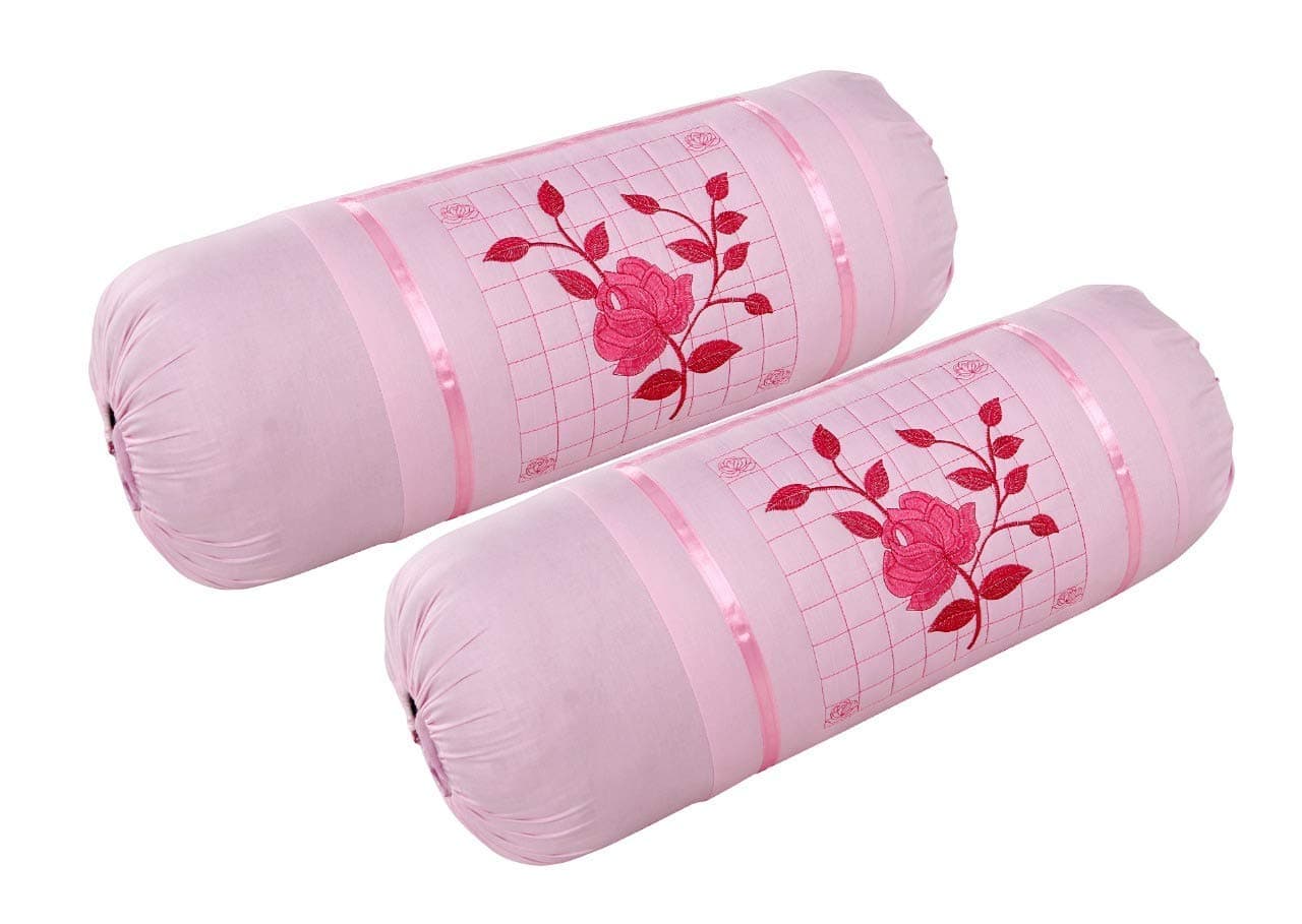 HSR Collection Cotton 144TC Bolster Cover 2 Piece Rose Design Embroidery - Pink