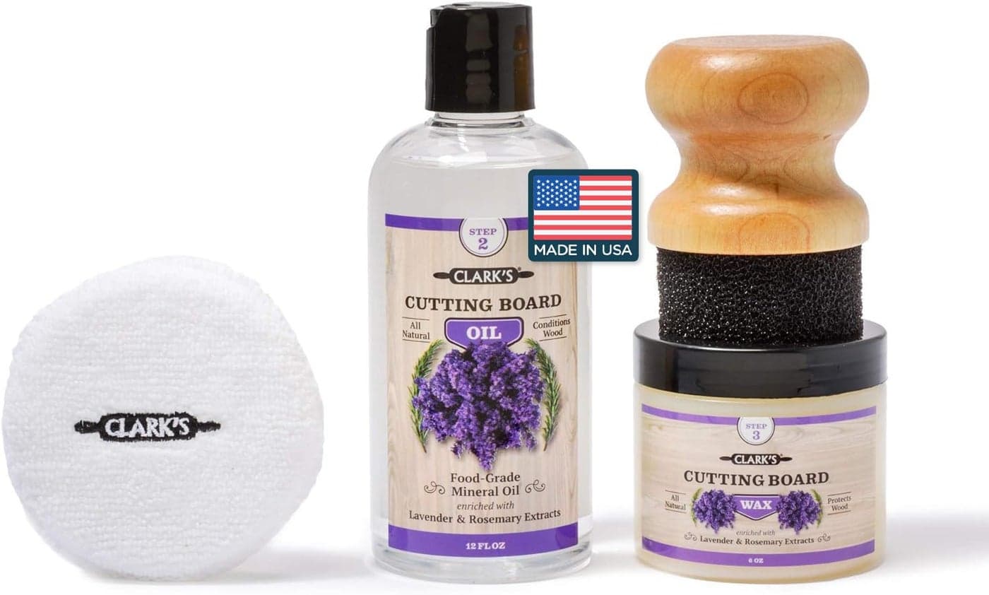 CLARKS Cutting Board Oil and Wax Kit Set includes Food Grade Mineral Oil 12oz Finishing Wood Wax 6oz Applicator Sponge Buffing Pad Enriched with Food Safe Lavender and Rosemary Extract