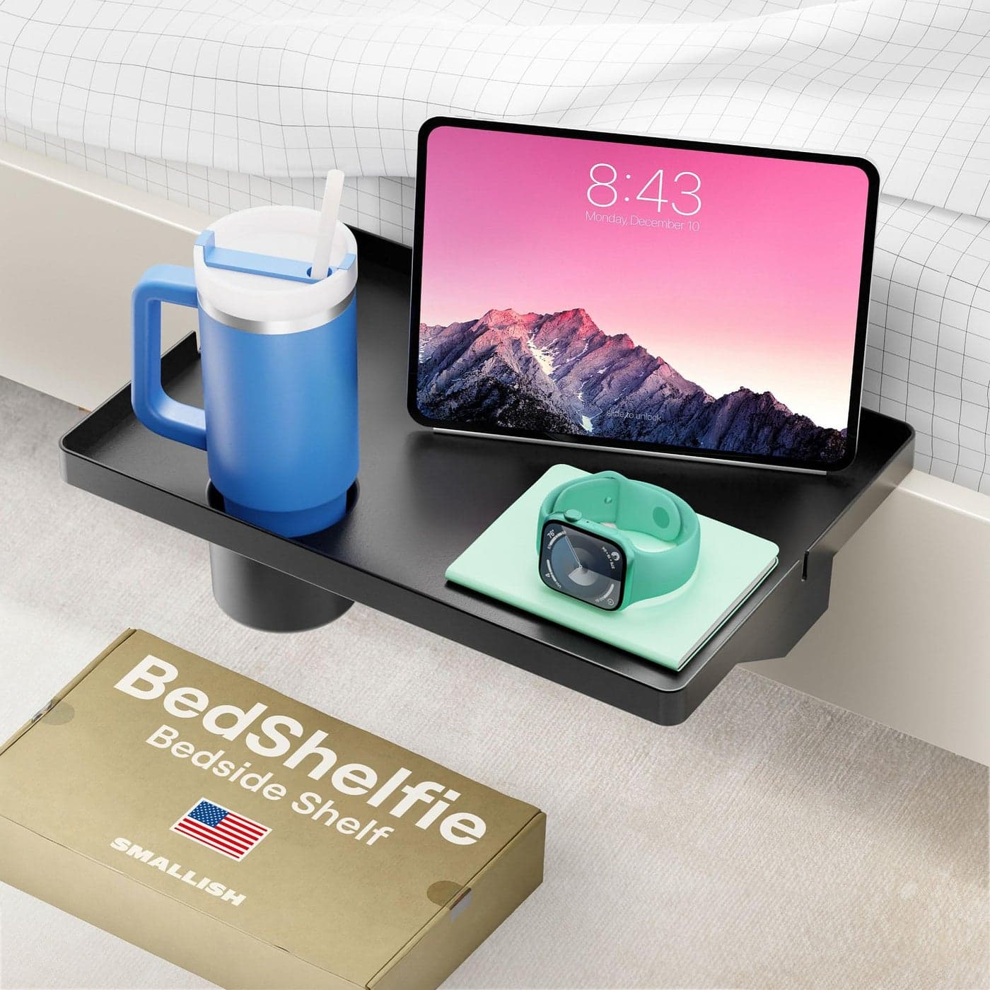 BedShelfie Bedside Shelf for Bunk Bed Top Bunk College Dorm Room Essentials Clip On Nightstand Bed Side Table Tray Organizer Cup Holder Black