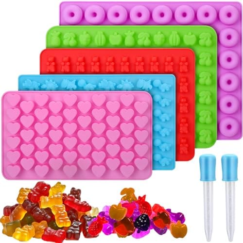 Palksky 5-Piece Silicone Candy Molds - Gummy Bear, Fruit, Dinosaur, Donut & Heart Shapes with 2 Droppers