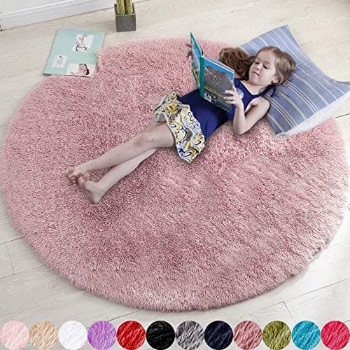 Blush Pink Fluffy Round Rug 4Ft for Bedroom, Fuzzy Furry Circle Area Rugs for Kids Room Decor Aesthetic, Shaggy Circular Carpet for Girls Nursery Dorm Baby Teen, Cute Neutral Dusty Rose Mauve Rug