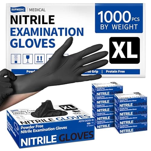 Supmedic Disposable Nitrile Gloves, Chemical Resistant, Powder-Free, Latex-Free, Food Safe, Medical Exam Gloves, Black, X-Large, 1000 Pcs