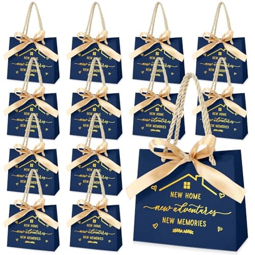 Spakon 25 Pcs Small Housewarming Gift Bags New Home Wrapping Real Estate Agent Gifts Bags with Golden Ribbon Bow and Handles for Clients Friends New Adventure Sweet Present Supplies Navy Blue