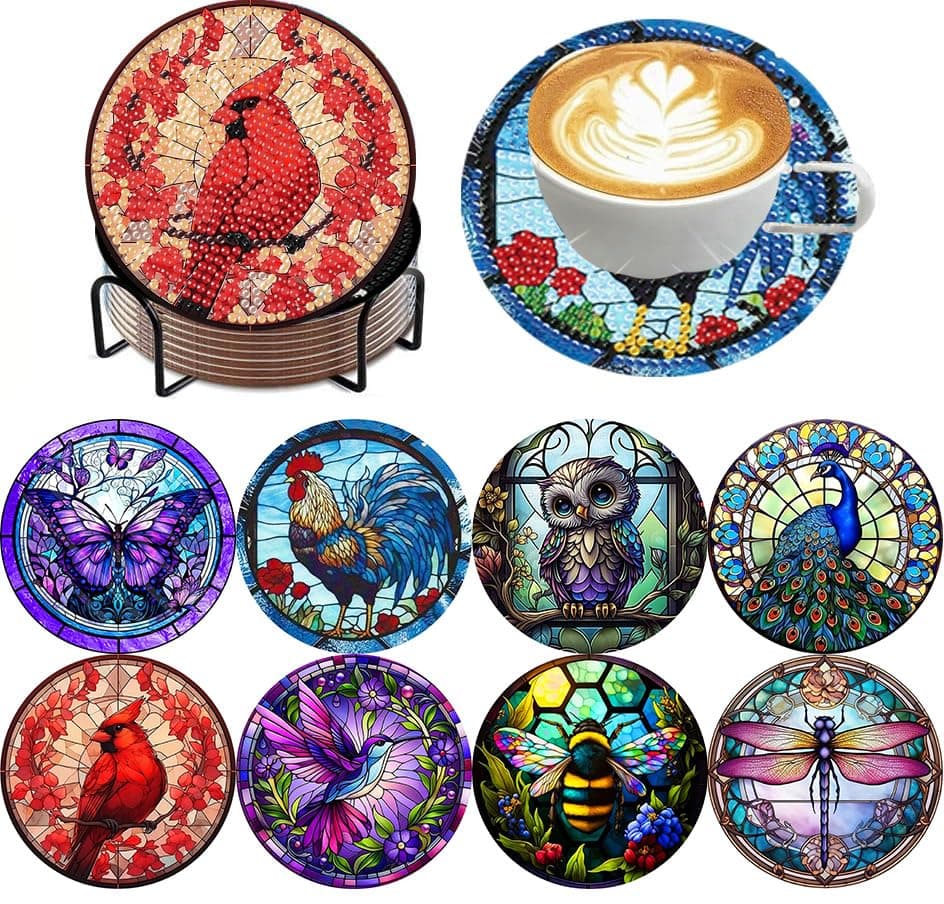 ijbnhd 8 Pack Diamond Art Coasters Kits Animals Diamond Painting Coasters Kit Animals Diamonds Art Non Slip Coaster Crafts Kits for Adults Gifts 4x4 inch Cork Wooden Pad