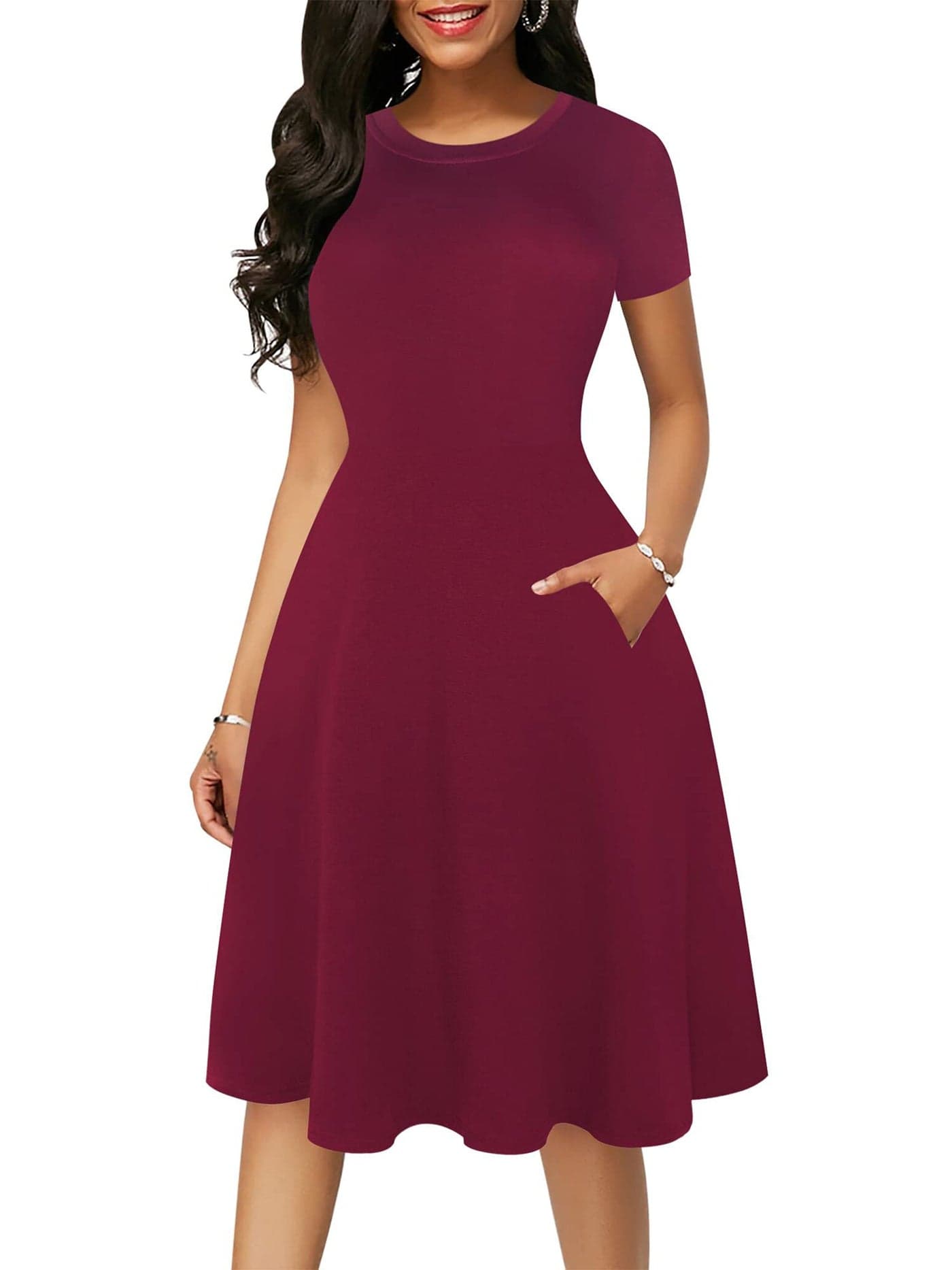 oxiuly Women's Vintage Scoop Neck Casual Pockets Tunic Party Cocktail Strtechy Work Swing Dress OX262 (S, Wine Solid)