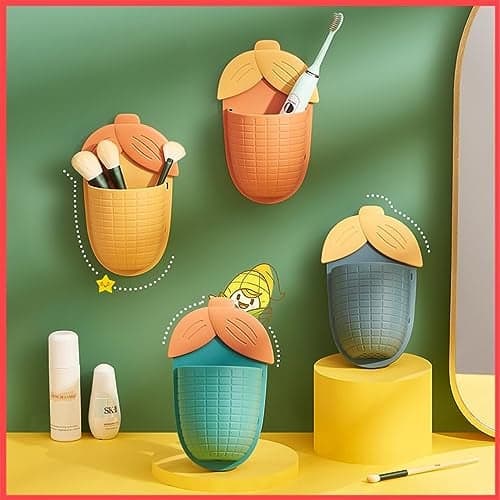 Wolpin Plastic Toothbrush Holders for Bathroom (Set of 2) | Stand for Toothpaste, Comb, Brush, Cream & Lotion | Kids Bathroom Cup, Waterproof & Self-Adhesive (Sweet Corn)