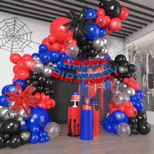 162Pcs Black Red and Blue Balloon Arch Garland Kit Spider Theme Party Decorations with Star Foil Balloons Happy Birthday Banner for Man Boy Kids Spider Baby Shower Birthday Party Decor Supplies