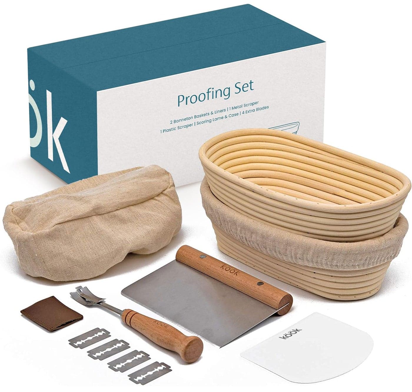 Kook Banneton Bread Proofing Set Artisan Sourdough Bread Making Kit 98 Inch Rattan Baskets and Liners Metal Plastic Scrapers Scoring Lame Case 4 Extra Blades Set of 2 Oval