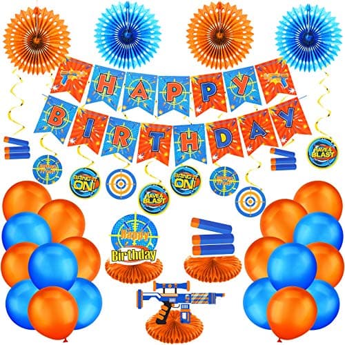 30 Pieces Dart Happy Birthday Supplies Gun Decoration Banner Latex Balloons Paper Fans Honeycomb Centerpieces 3D Dart Table Decorations Hanging Swirls for Birthday Party
