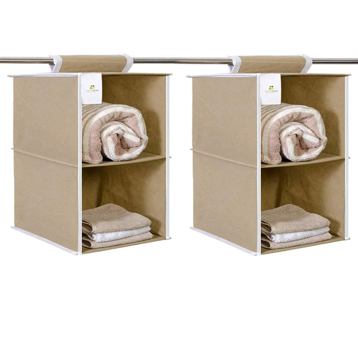 HomeStrap Non Woven Fabric Hanging 2 ShelfCompartment Clothes Storage Wardrobe Organizer BeigePack Of 2Seen On Shark Tank