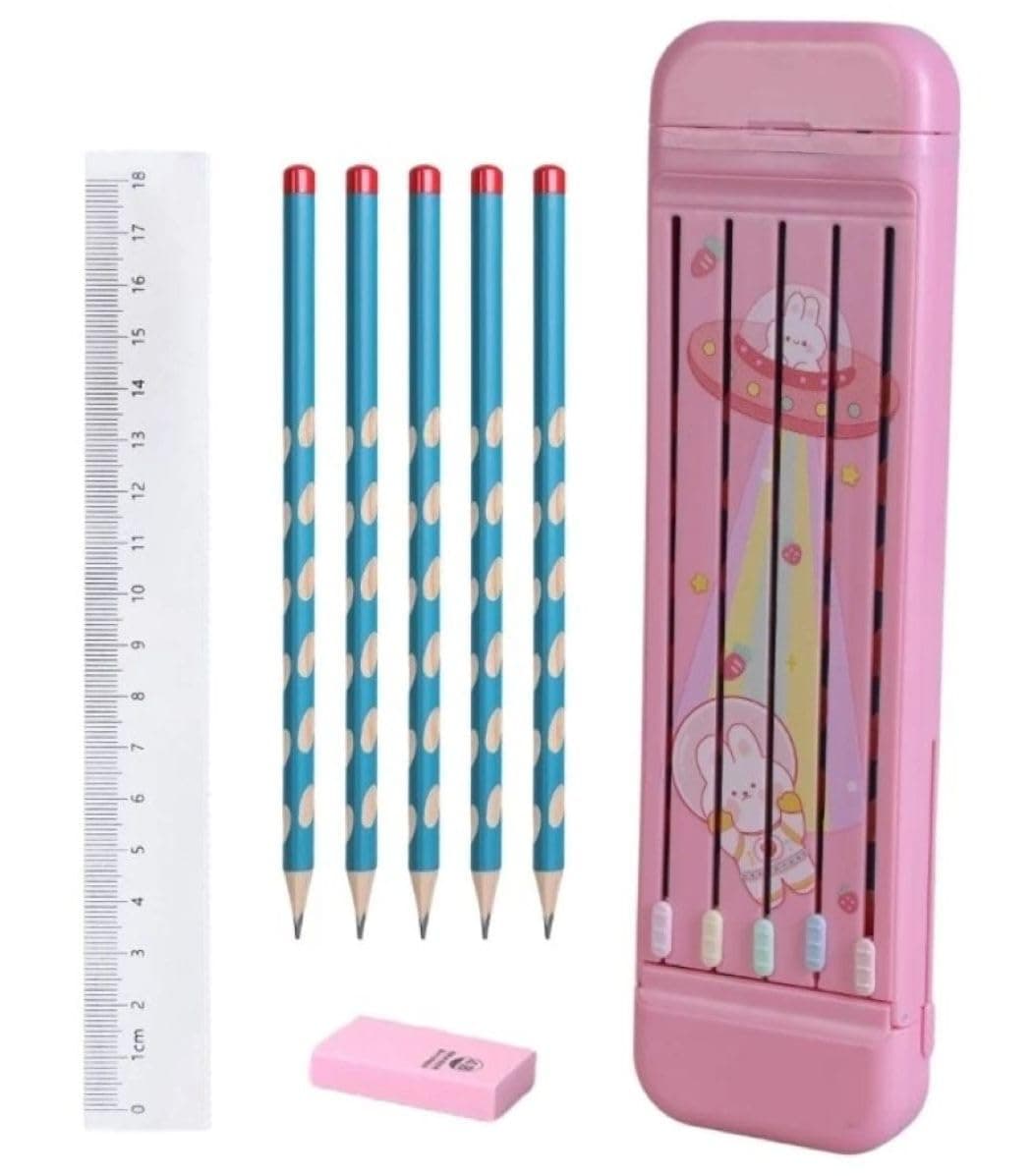 Faded Pink ABS Pencil Case for Students – Compact Hard Shell Stationery Box with Pencil Slot, 5 Pencils, Ruler & Eraser | Durable School Supplies Kit Students