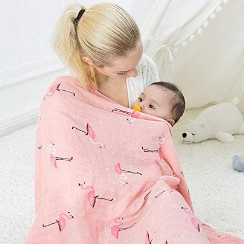 Kassy Pop Printed 6 Layer Bamboo Muslin Blanket Cum Swaddling Towel for Baby, Toddlers | 70% Bamboo, 30% Cotton | AC Quilt, Multi-Purpose Blanket | Toxin Free | 110cm x 110cm (Flamingo Print)
