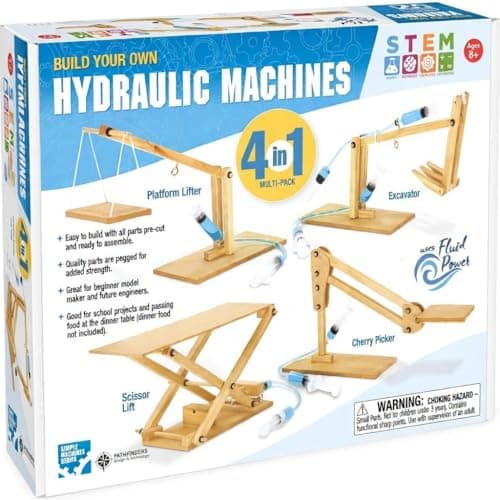 PATHFINDERS STEM Kit Hydraulics 4in1 Build 4 Hydraulic Machines Engineering Model Kit for Kids 8 Educational Science Toy Learn Physics Mechanics Wooden DIY Project
