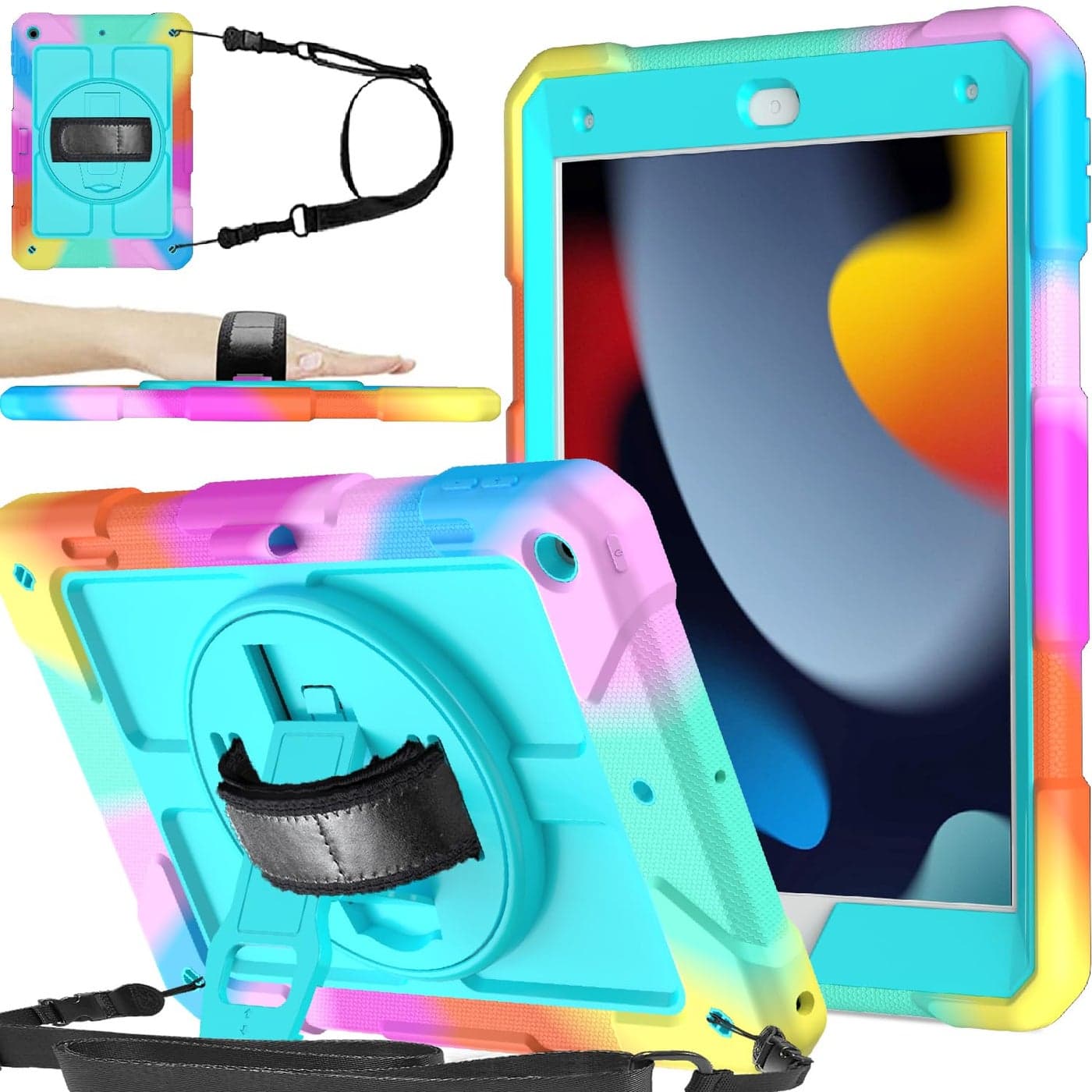 BMOUO Case for iPad 9th8th7th Generation Case 102 Shockproof 360 Rotating Stand Shoulder Hand Strap iPad 9th8th7th Generation Cover with Pencil Holder for iPad 102 202120202019 Turquoise