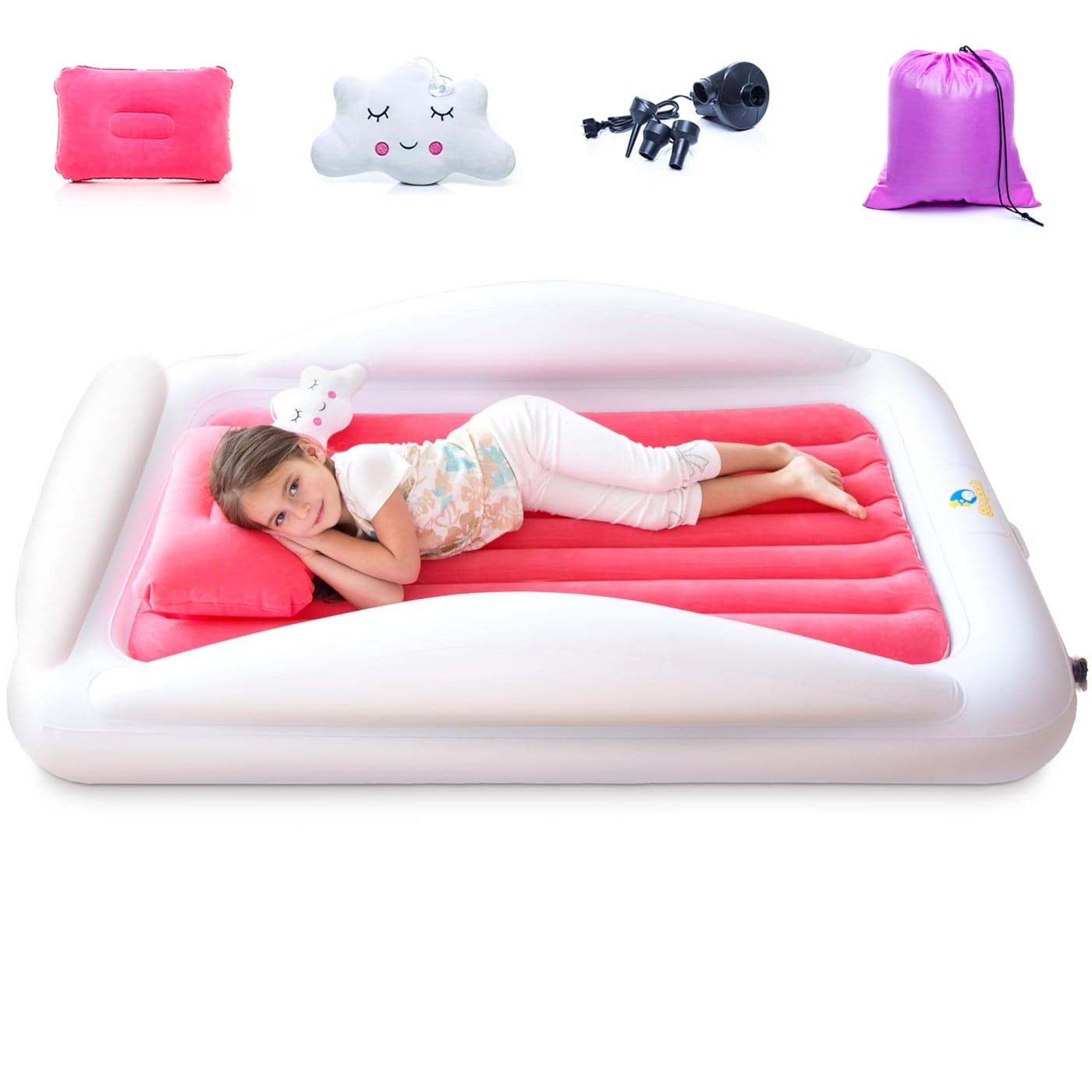 Sleepah Inflatable Toddler Travel Bed Portable Kids Air Mattress Set w Safety Rail Guards for Kids Toddlers Includes Pump Carry Case Pillow More Perfect Transitional Cot Coral