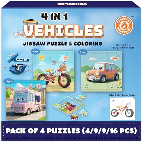 Butterfly Edufields 4in1 Vehicles Jigsaw Puzzles Set for Kids Ages 35 46 Preschool Learning Educational Toys Brain Teaser Boards for Boys Girls Coloring Sheets Christmas Birthday Gifts