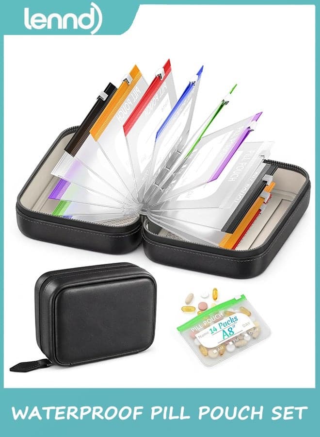 Waterproof Pill Pouch Set-14pcs Bags Inside,A8 Waterproof Pill Organizer Set,7 to 14 Days of Meds & Medicine Crush-Resistant Shell