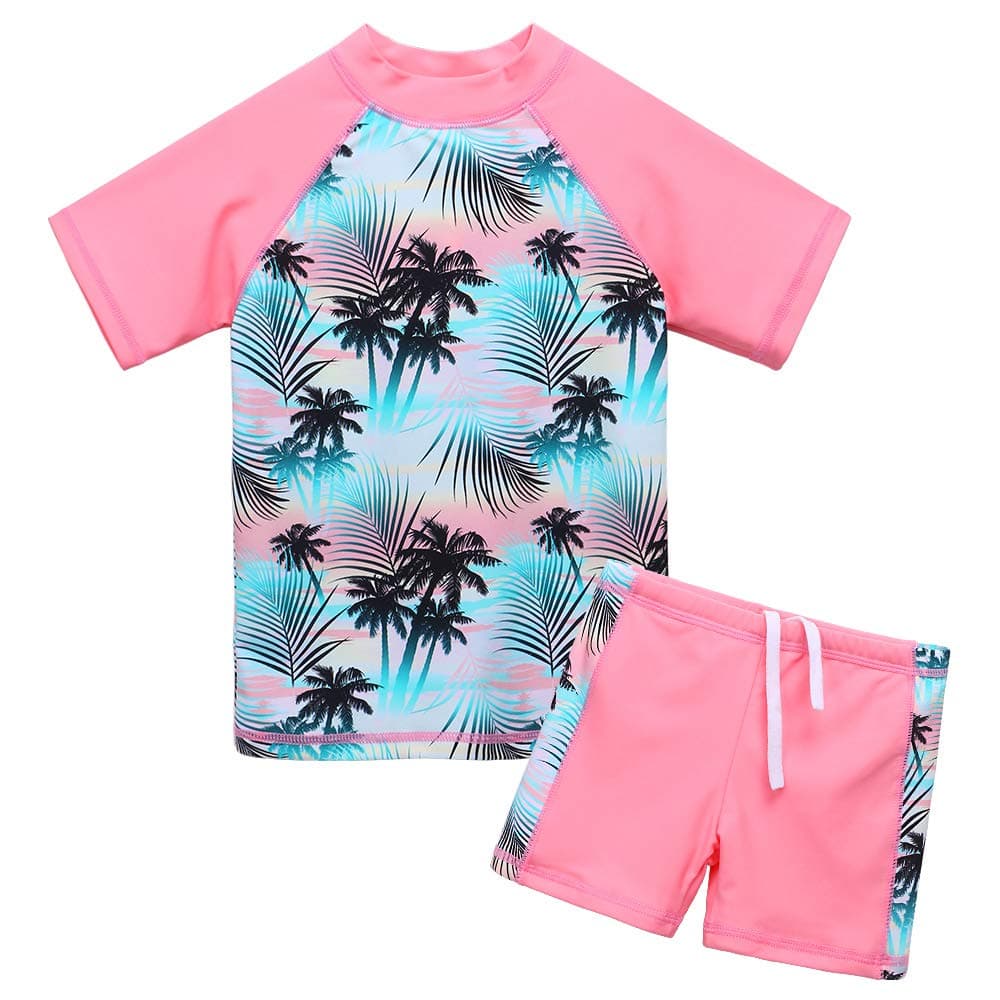 BAOHULU Girls Swimsuit Two Piece Tankini UPF 50+ UV Protective Rash Guard Set 3-12 Years S200_GreenPink_6A Green Pink