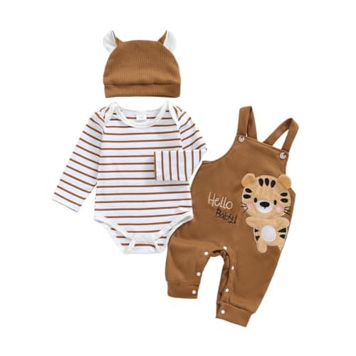 Baby Boy Clothes Set Infant Striped Long Sleeve Bodysuit Top Animal Suspender Pants Hat Newborn 3Pcs Fall Outfit (Khaki, 0-3 Months)
