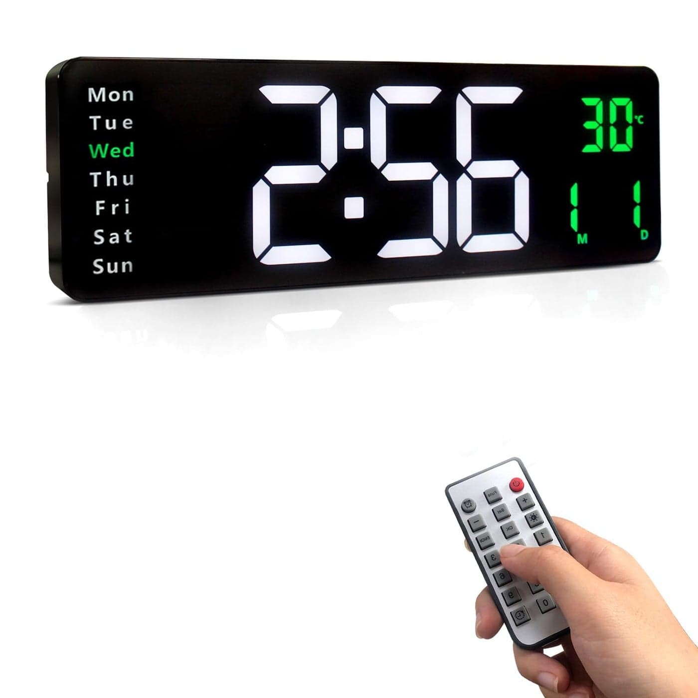 GETZET LED Wall Clock Large Display with Remote Control Temperature and Auto Dimming Automatic Brightness Digital Alarm Date Week Time Clock Use for Living Room Bedroom Green Color