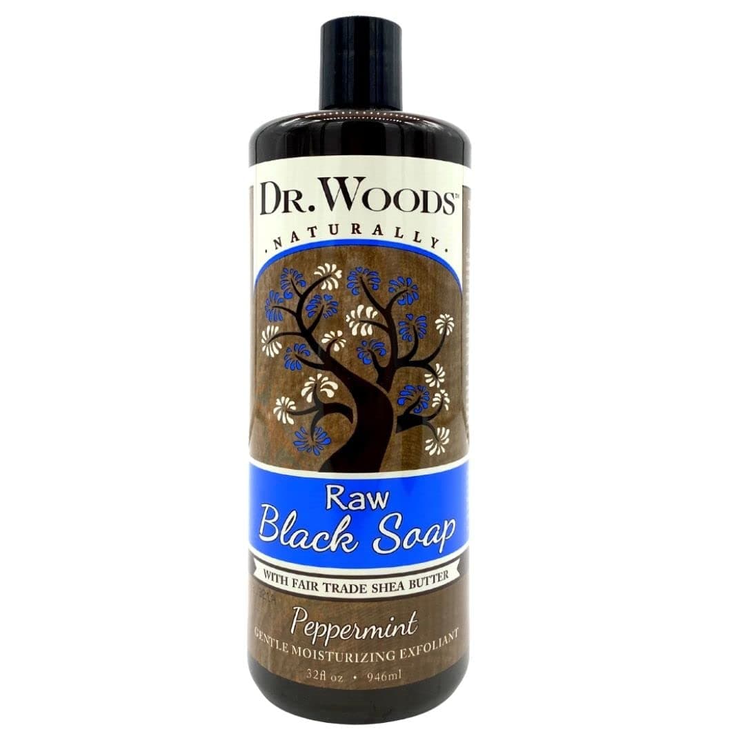 Dr Woods Raw African Liquid Peppermint Black Soap Body Wash for Men and Women Contains Peppermint Oil and Organic Shea Butter Gentle Exfoliant Natural Cleanser for Face Hands Body 32 Fl Oz