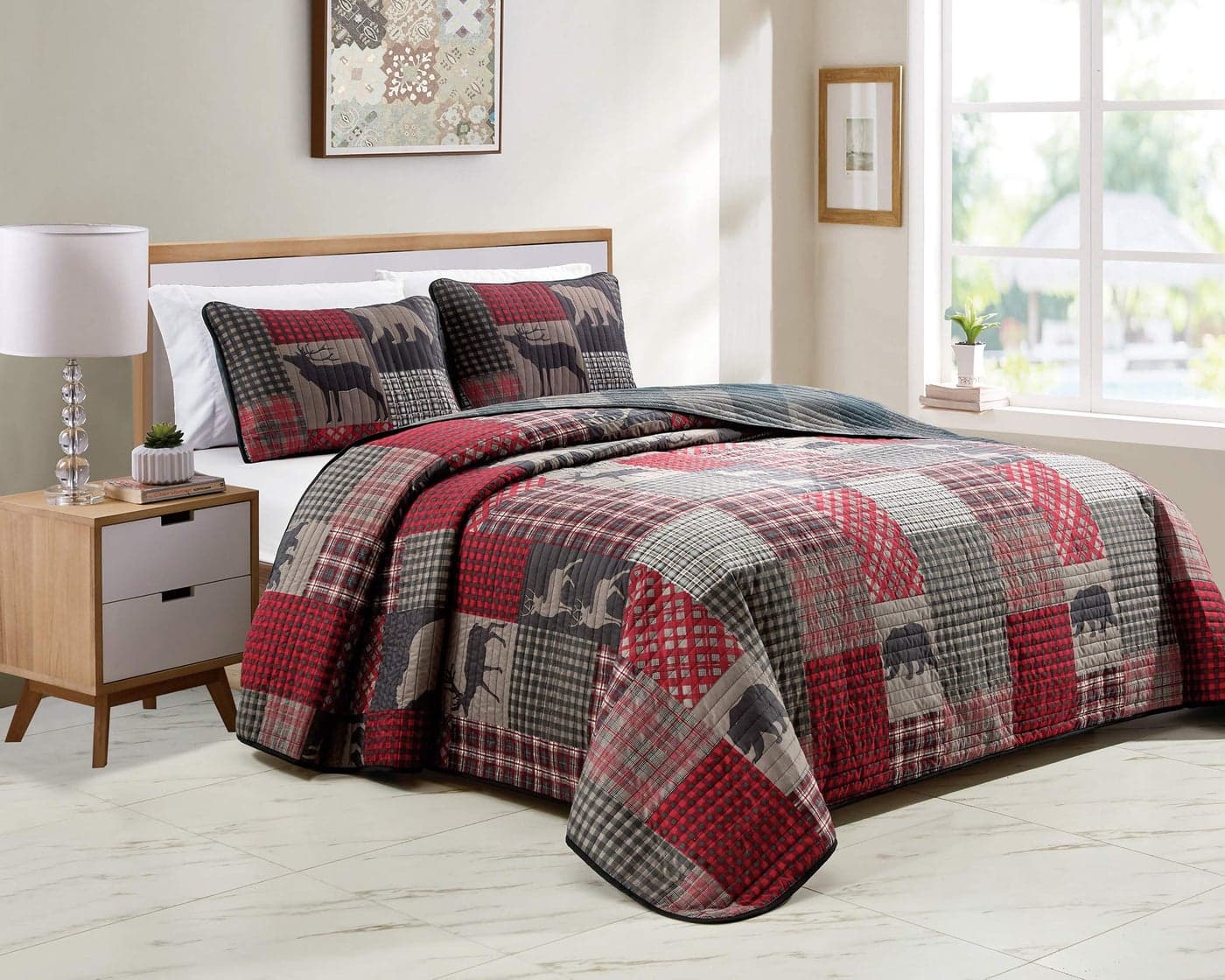 Rugs 4 Less Rustic Log Cabin Lodge Quilted Grey Charcoal Deep Red Reversible Plaid Bear Patchwork Bedspread Coverlet Bedding Set Plaid Bear TwinGreyred