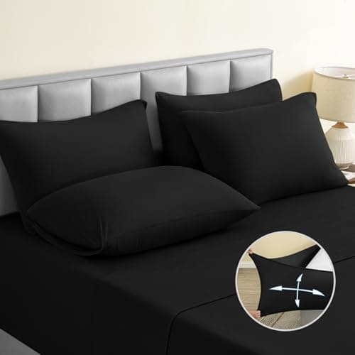 BYSURE Jersey Knit King Size Sheets Set 6 Pieces Stretch Super Soft and WrinkleFree Bed Sheets Spandex Blend with 18inch Deep Pocket Black