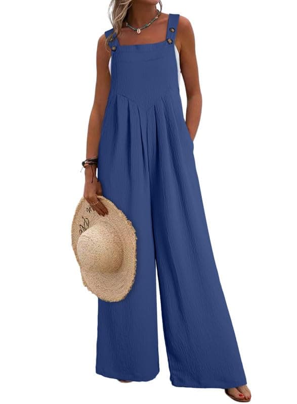 Dokotoo Loose Jumpsuits for Women Overalls Oversized Solid Color Casual Wide Leg One Piece Sleeveless jumpsuit Long Pant Romper with Pockets 2025 Fashion Deep Blue Large