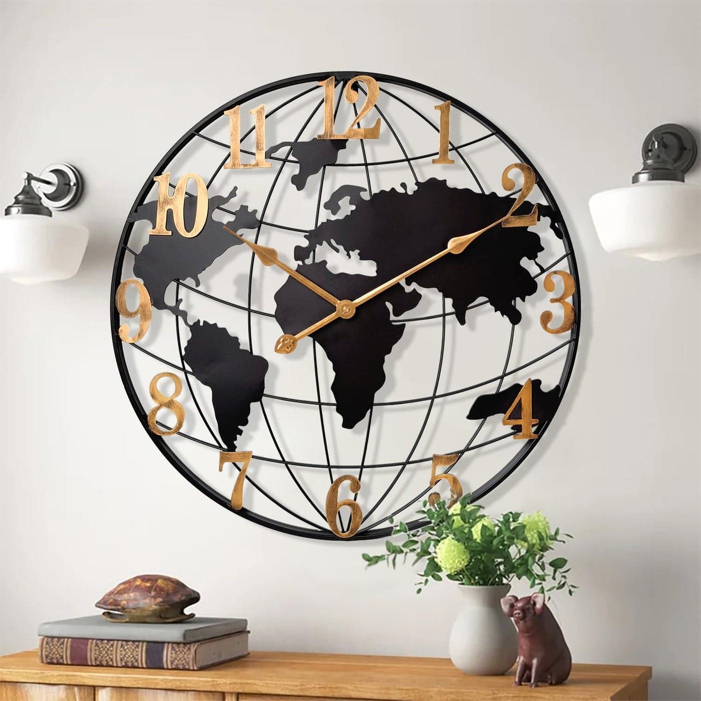 KEQAM Large World Map Wall Clock Metal Minimalist Modern ClockRound Silent NonTicking Battery Operated Wall Clocks for Living RoomHomeKitchenBedroomOfficeFarmhouse Decor 24 Inch