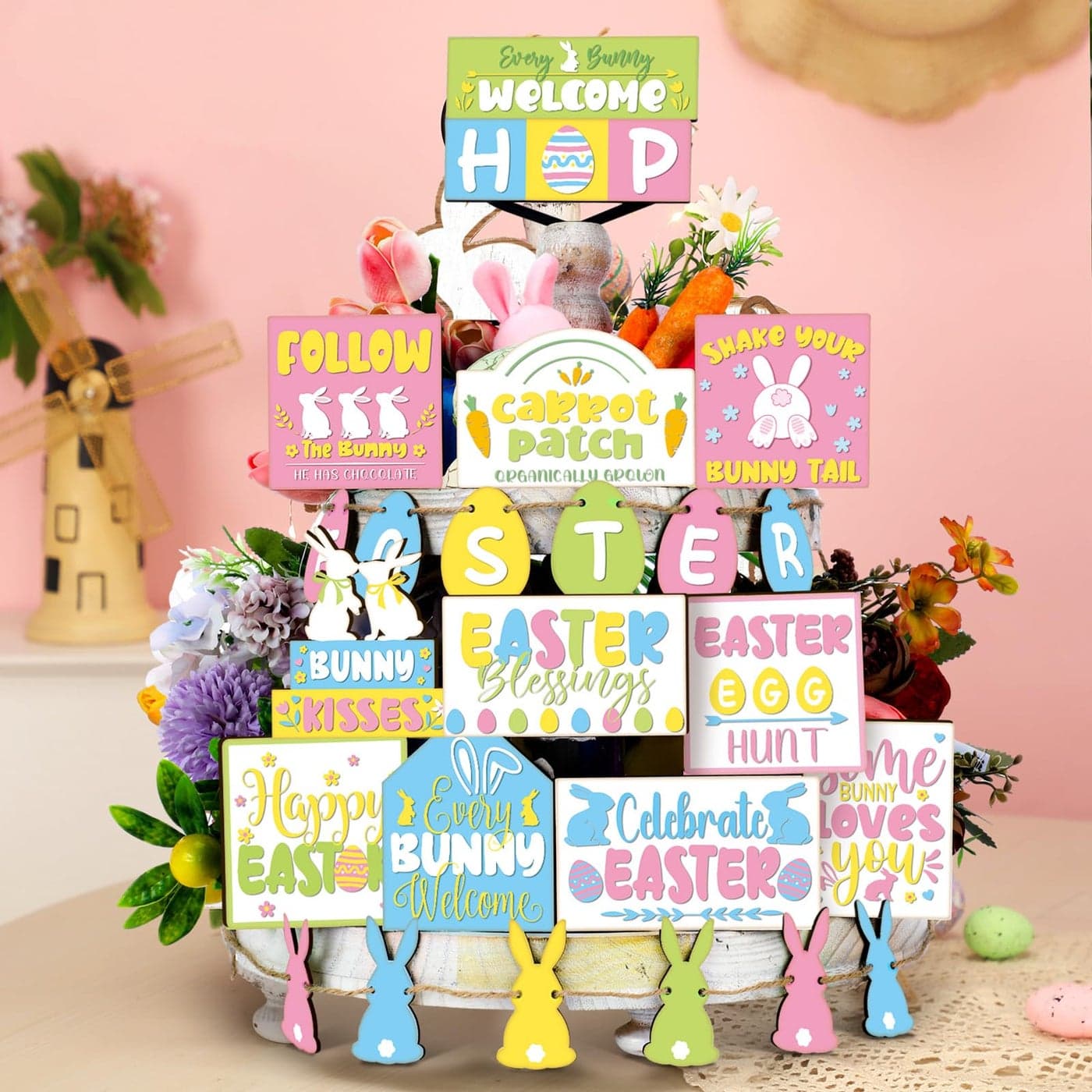Amyhill Easter Tiered Tray Decor Set Rustic Bunny Rabbits Carrot Wooden Signs Farmhouse Easter Table Decorative Signs for Home Kitchen Indoor Decor
