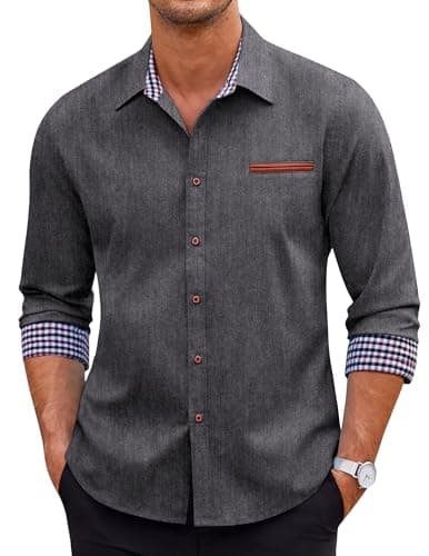 COOFANDY Mens Shirt Regular fit Denim Work Classic Western Snap Type 01 Grey Large Long Sleeve