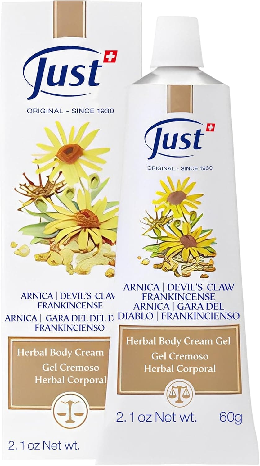 Swiss Just Arnica Gel Arnica Creamy Gel 60g Arnica Cream wDevils Claw Frankincense Oil A Gentle Massage Cream on Wrists Fingers Knees Ankles Joints Waist Neck and Back