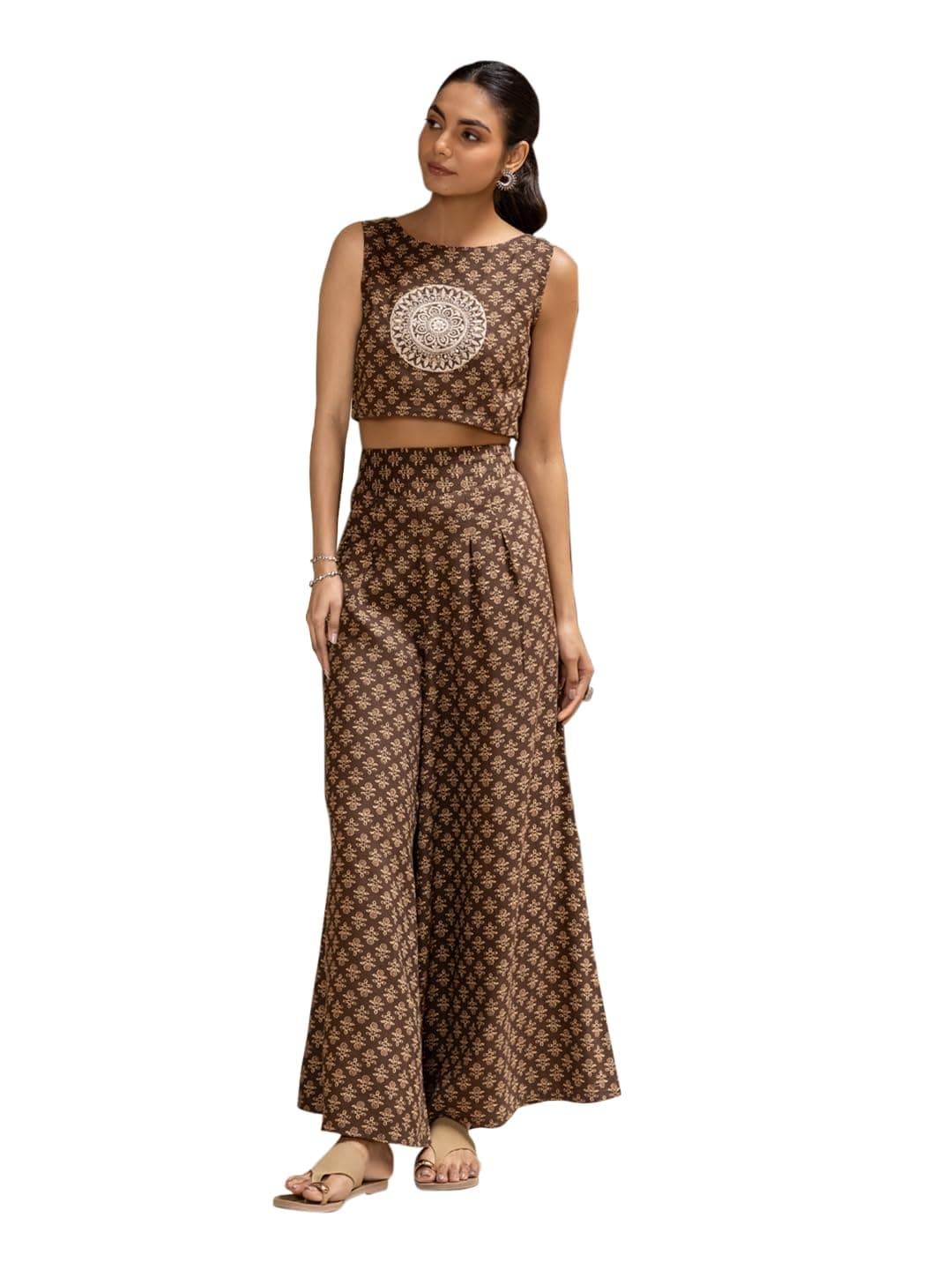 FIORRA Women's Brown Cotton Embroidered Co-ord Set SET0190