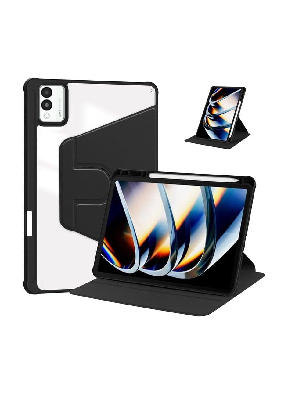 tecno megapad 11 tablet leather case with auto wake/sleep function, 360° rotating stand acrylic transparent back cover built-in pen holder