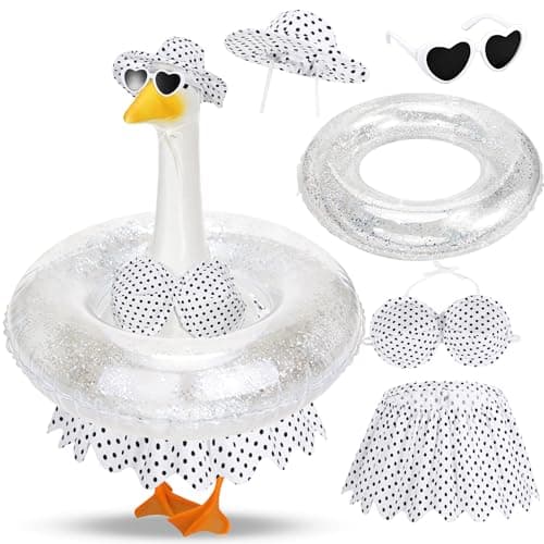 GANSHAYA Hawaiian Porch Goose Outfits Summer Bikini Goose Outfit Fits 23 Goose Statue with Hat Sunglasses Swimming Ring for Cement Yard DecorWhite