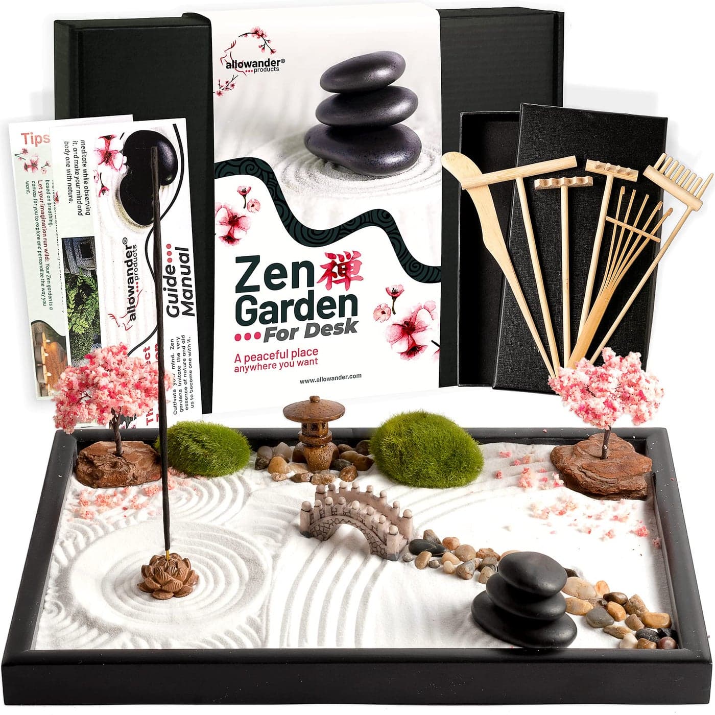 Zen Garden Kit 12x8in Sand Tray Japanese Gift Set with 14 Accessories and 6 Tools Meditation Mini Zen Garden Home Office Desk Decoration Sand Therapy Kit Rock Decor