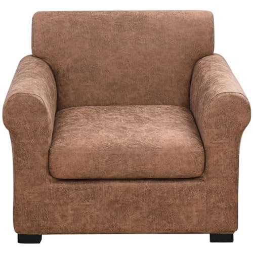 FUANGUI 2 Piece Chair Covers Stretch Arm Covers Chair Couch Covers, Faux Leather Looking Armchair Slipcover with Separate Chair Cushion Cover, Washable Chair Protector for Living Room - Light Brown
