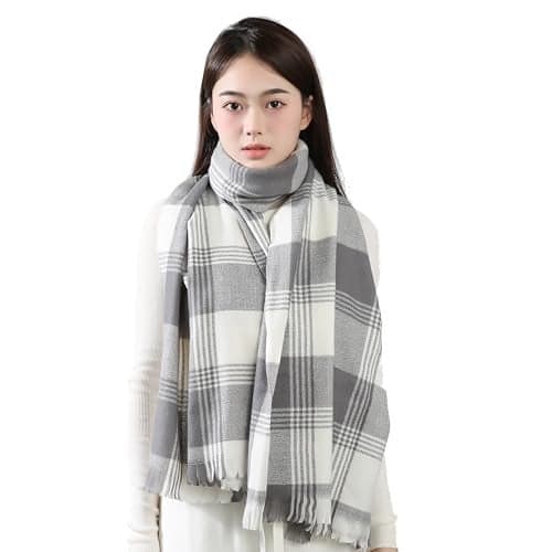 Alexvyan Winter Warm Stoles Shawls Long Checked Scarves Woolen Casual Scarf Soft Wrap for Casual Formal Occassions- 200CM*70CM for Women & Girls (Grey & Off White)